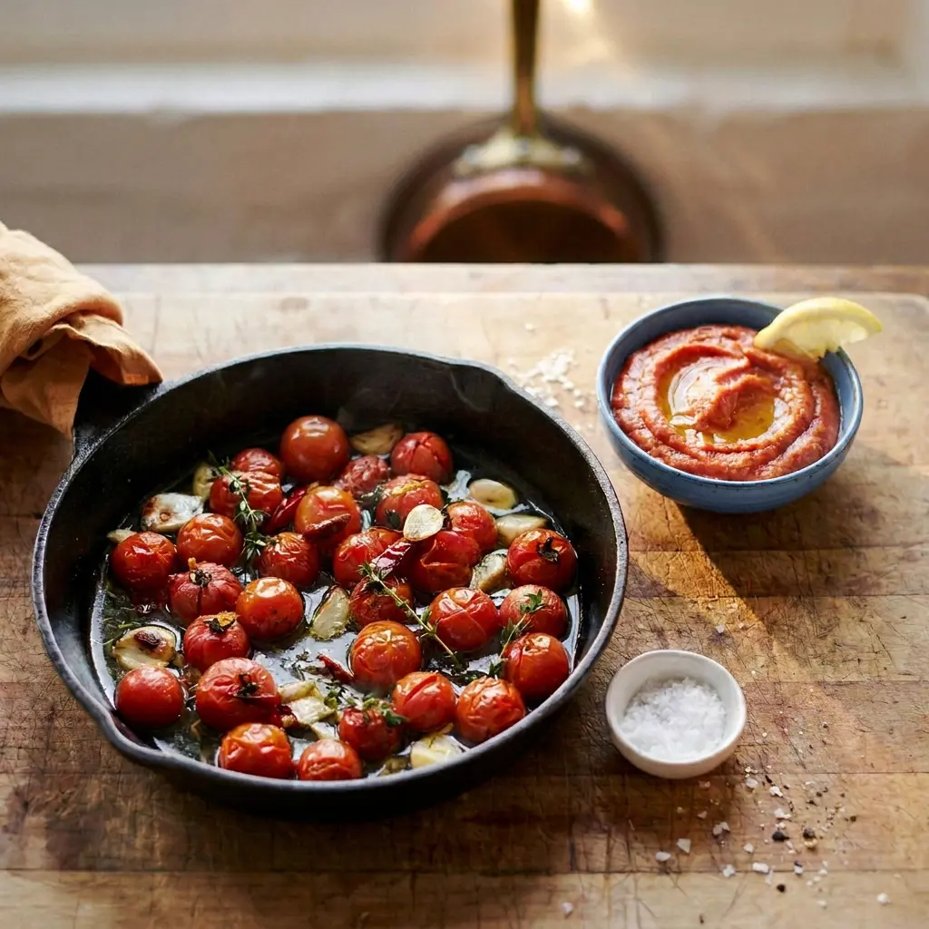 blistered cherry tomatoes with garlic and herbs in a cast iron skillet with tomato dip on the side