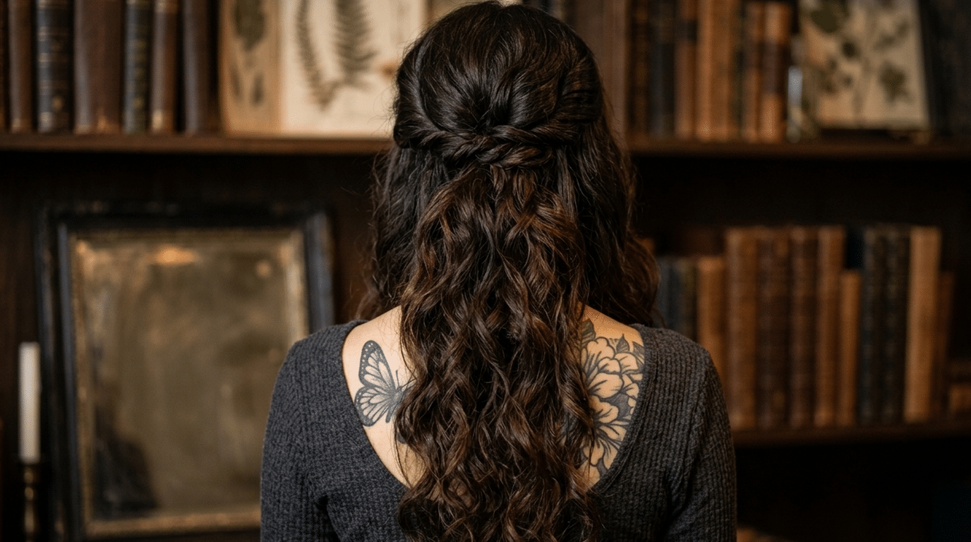 Back view of a half up hairstyle with twisted top section and long curly hair