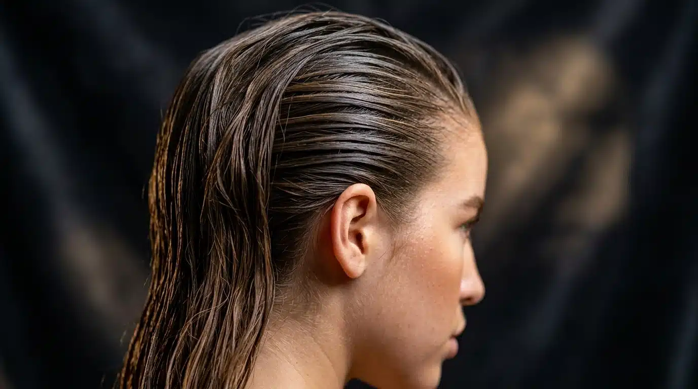 Side profile of sleek slicked back wet look hairstyle against a dark background.
