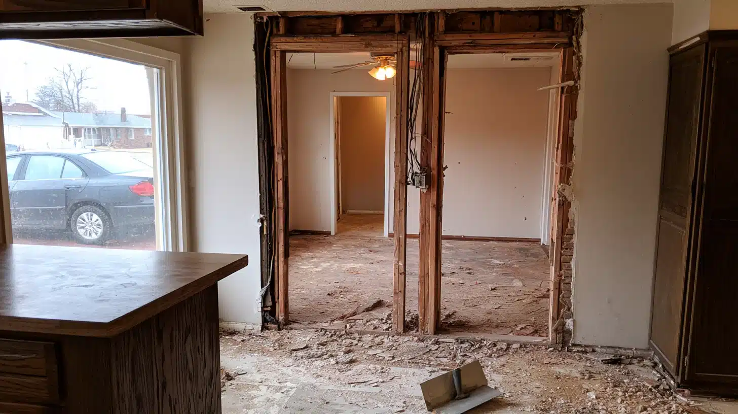Kitchen under renovation with wall removed, exposed studs and wiring opening into gutted room with debris on the floor.
