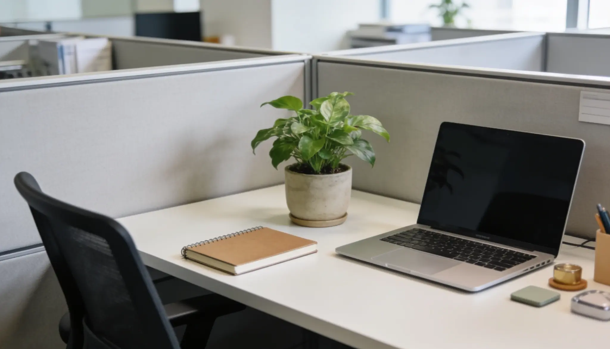A clean office cubicle desk with a pothos plant in a concrete pot, a spiral notebook, an open laptop, and small desk accessories.