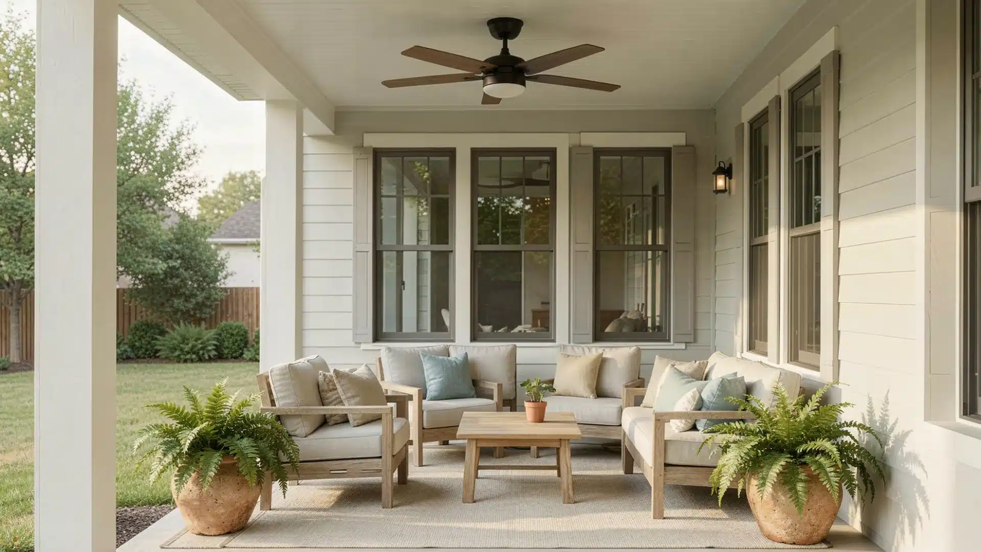 A covered porch with a ceiling fan, modern outdoor furniture, including sofas, chairs, a coffee table, and potted ferns