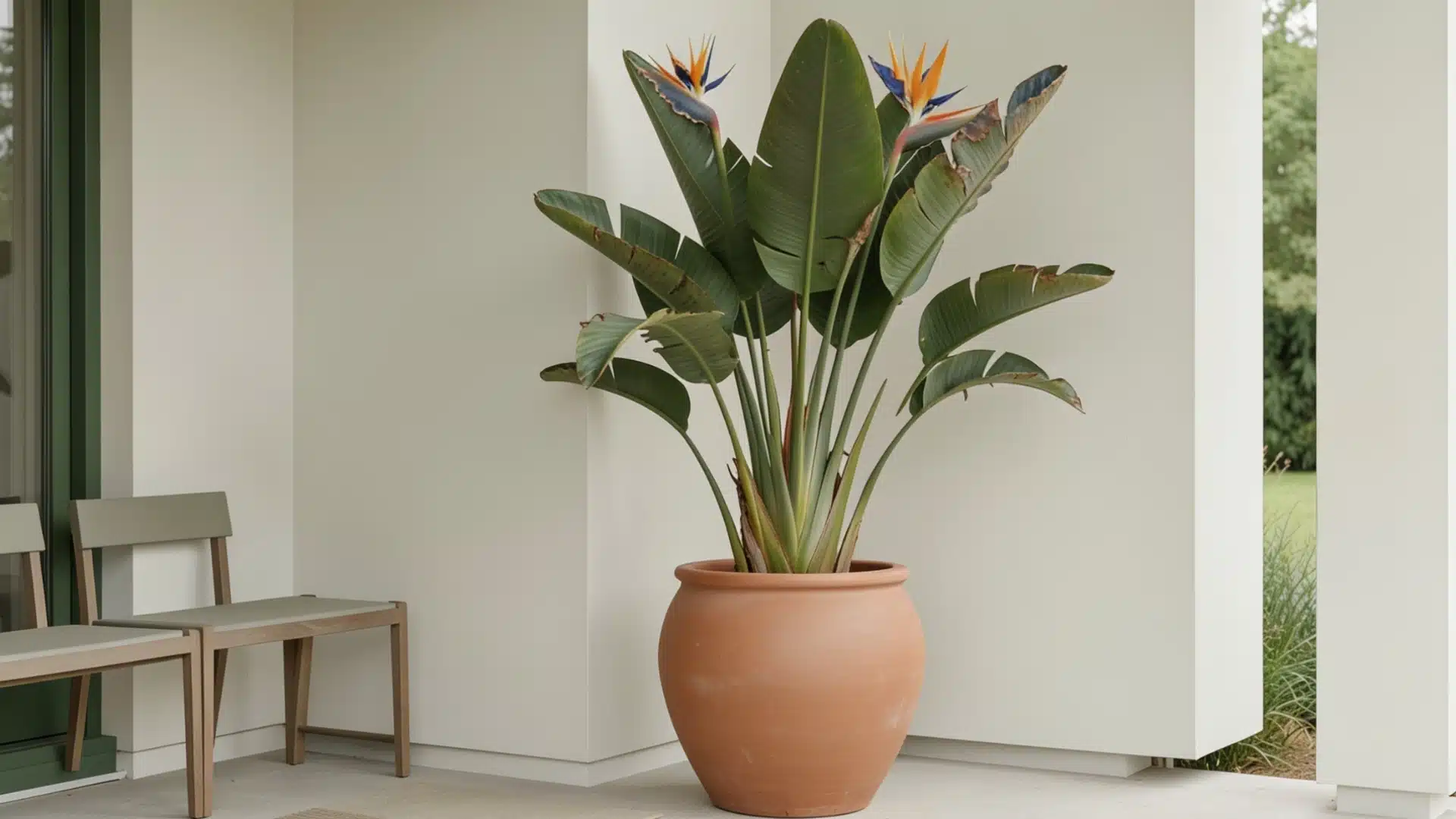 Bird of Paradise plant in a terracotta pot on a porch with chairs and greenery in the background