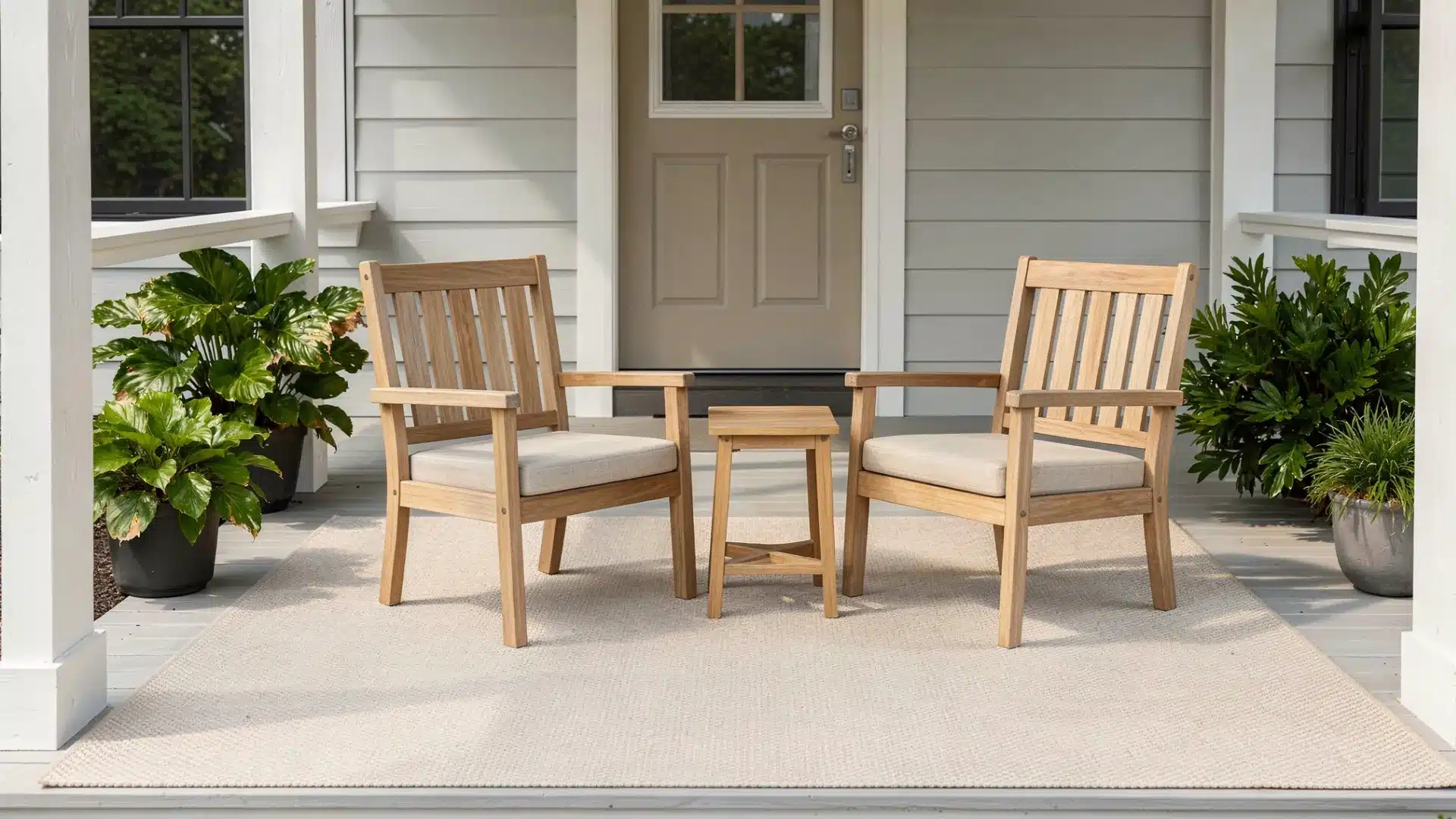 Two wooden chairs and a small table sit on a rug on a porch in front of a beige door