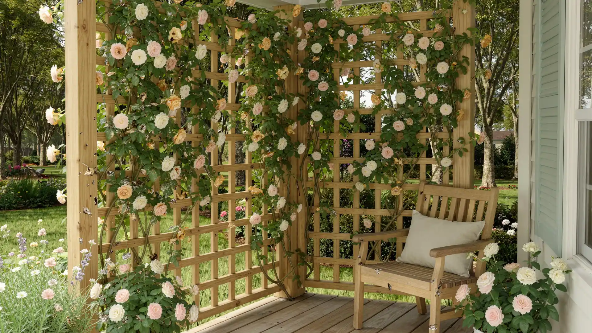 A wooden chair with a pillow sits on a porch covered in climbing roses on a lattice trellis
