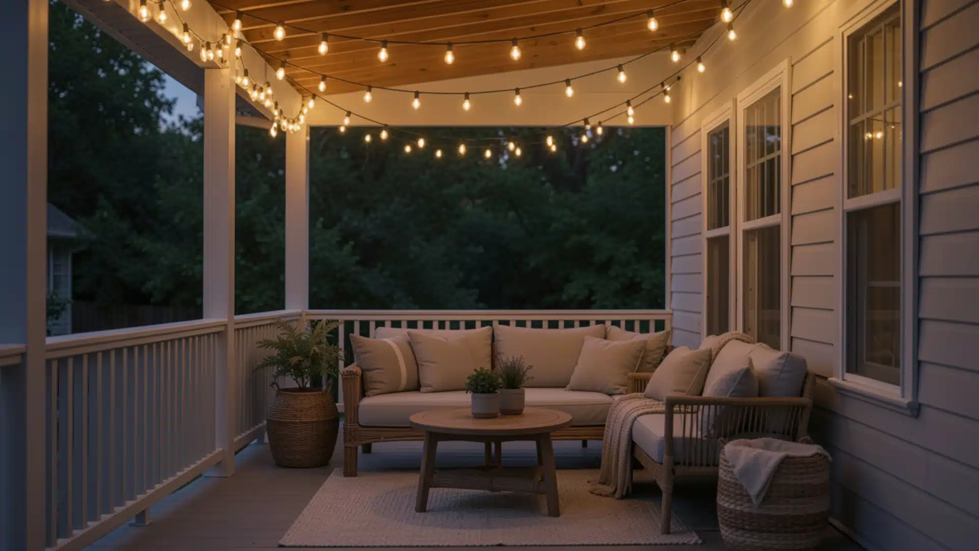 A porch with string lights overhead features a sofa, coffee table, and armchair with outdoor cushions