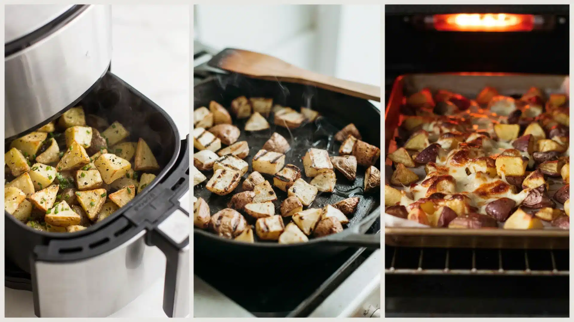 Three stages of cooking cubed potatoes: in an air fryer, in a skillet, and baked with cheese in an oven.