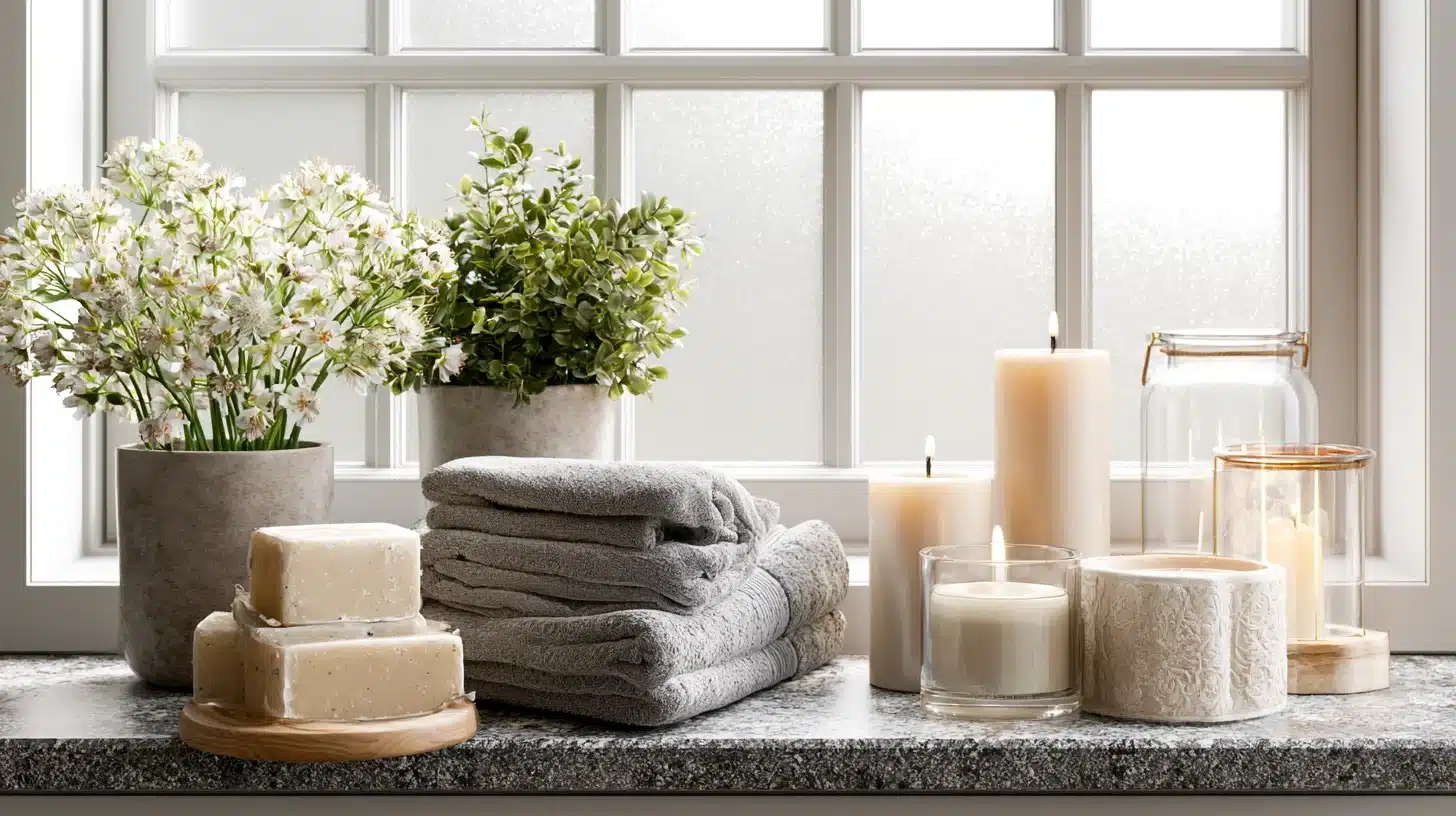 Bathroom window sill styled with candles, folded towels, luxury soaps, and greenery, creating a calm spa-inspired retreat.