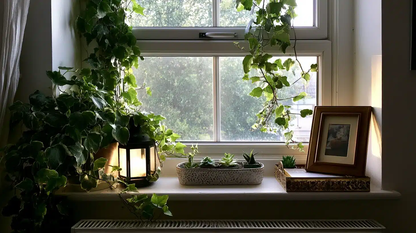 Bedroom window sill decorated with trailing ivy, succulents, a lantern, framed photo, and soft natural light creating a cozy feel.