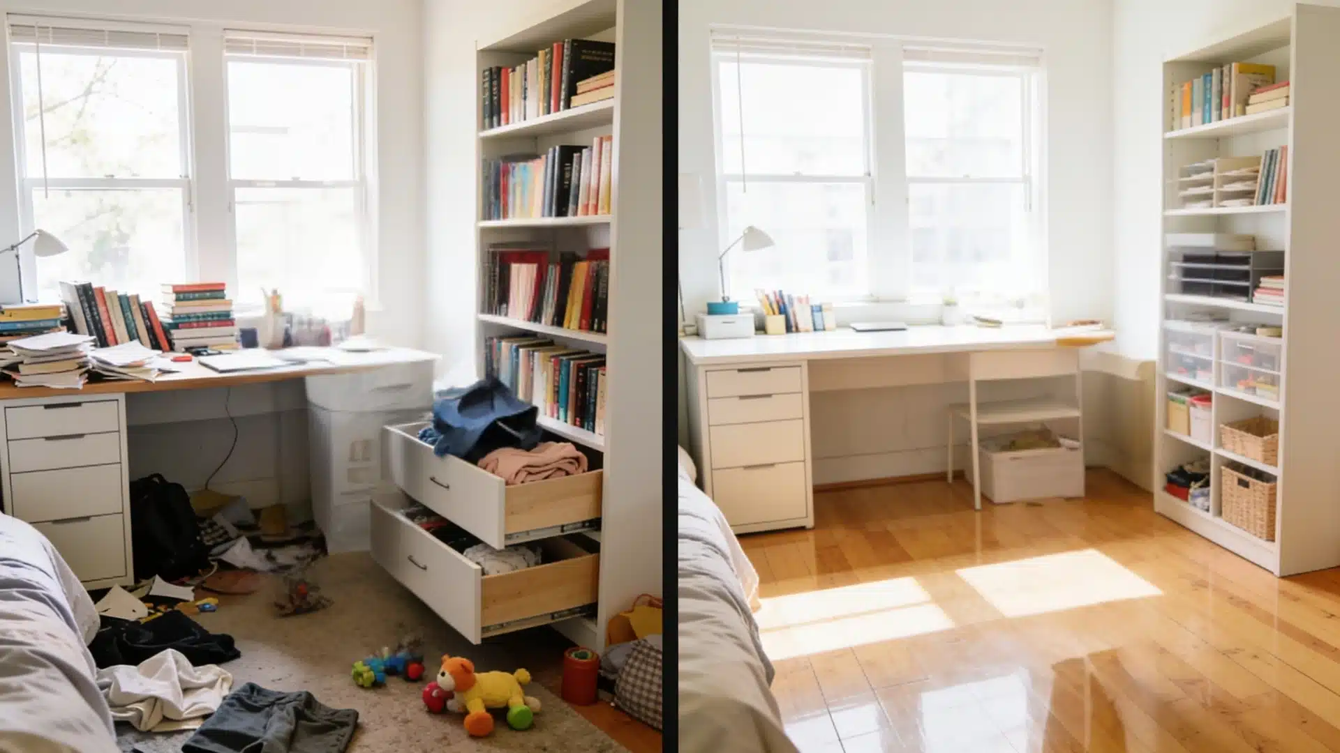 Side-by-side comparison of a bedroom before and after organizing, showing clean and tidy space