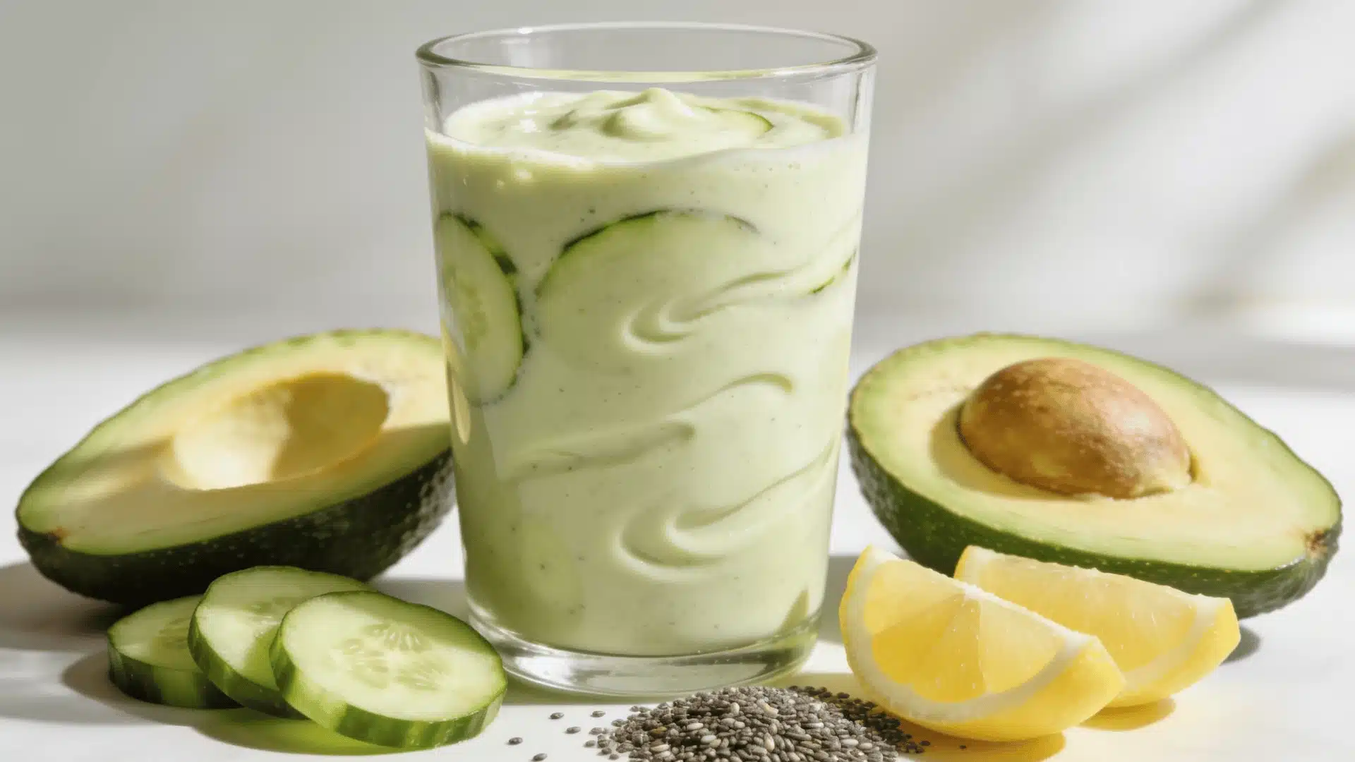 Creamy cucumber avocado smoothie with lemon, chia seeds, and cucumber slices beside the glass