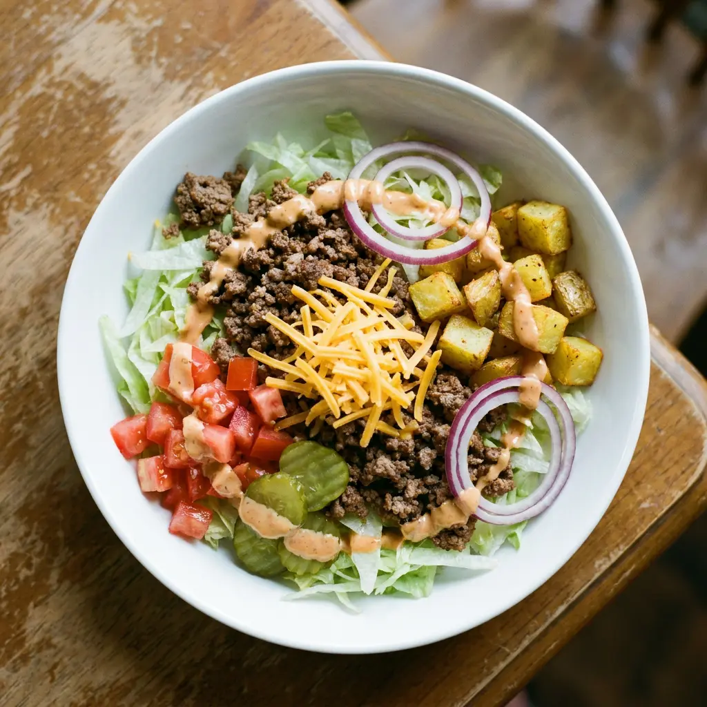 big mac salad bowl with ground beef shredded cheddar diced tomatoes red onion pickles and big mac dressing on lettuce
