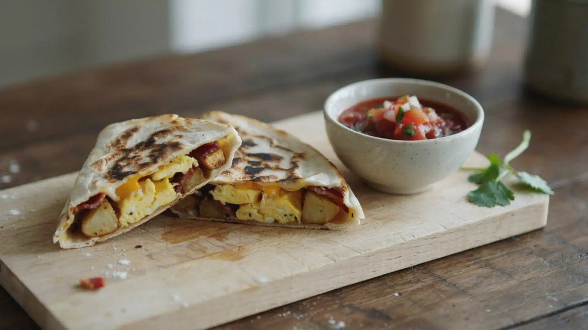 A delicious breakfast quesadilla, sliced and served with a side of fresh salsa for added flavor.