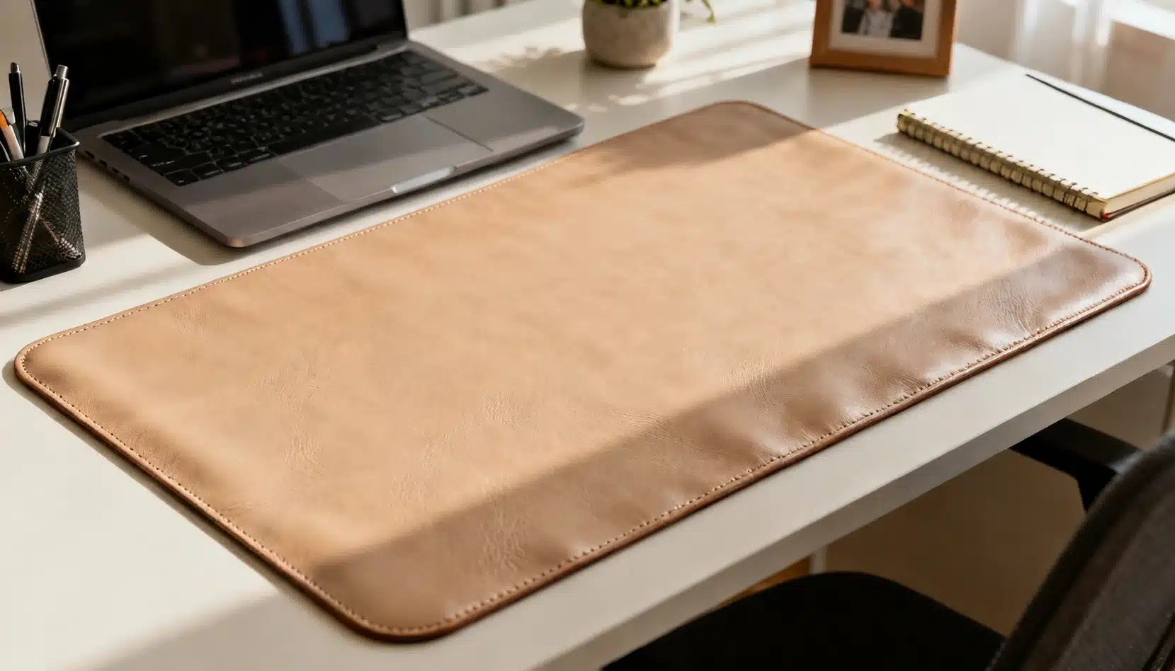 A leather desk pad on a wooden desk, featuring a sleek laptop positioned on top.