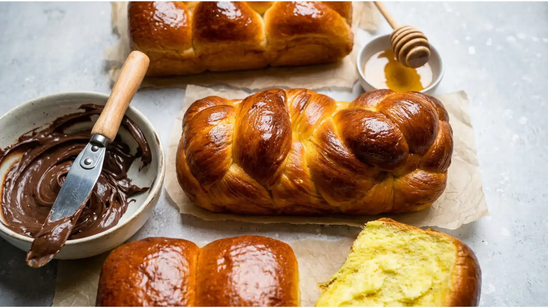 golden braided brioche loaf on parchment paper with honey and chocolate spread on the side