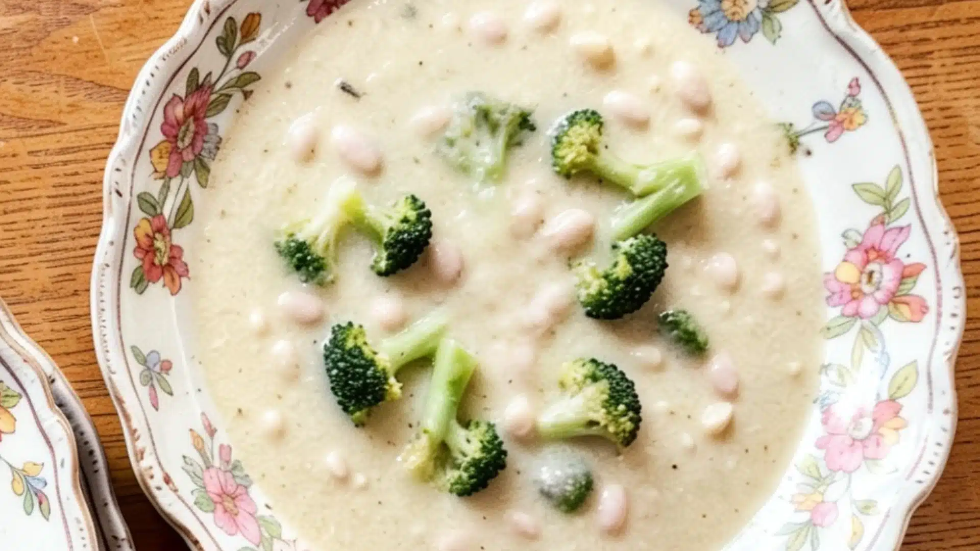 A bowl of soup filled with broccoli and beans, garnished with herbs, placed on a wooden table.