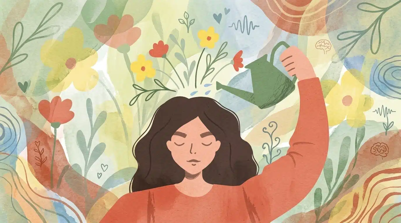  Illustration of a woman watering colorful flowers in a garden, showcasing her nurturing care for the plants.