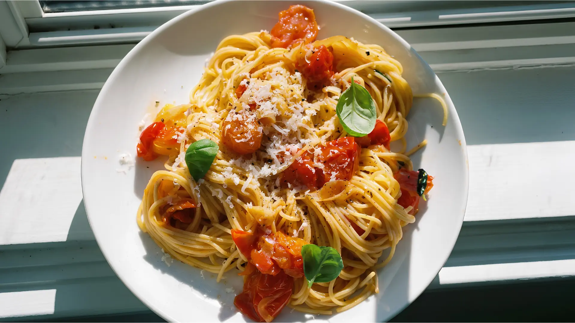 burst cherry tomato pasta with Parmesan and fresh basil on a white plate