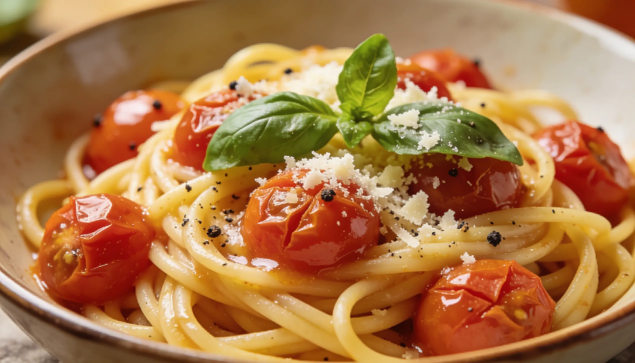 A bowl of pasta tossed with burst cherry tomatoes, fresh basil, grated Parmesan, and cracked black pepper.