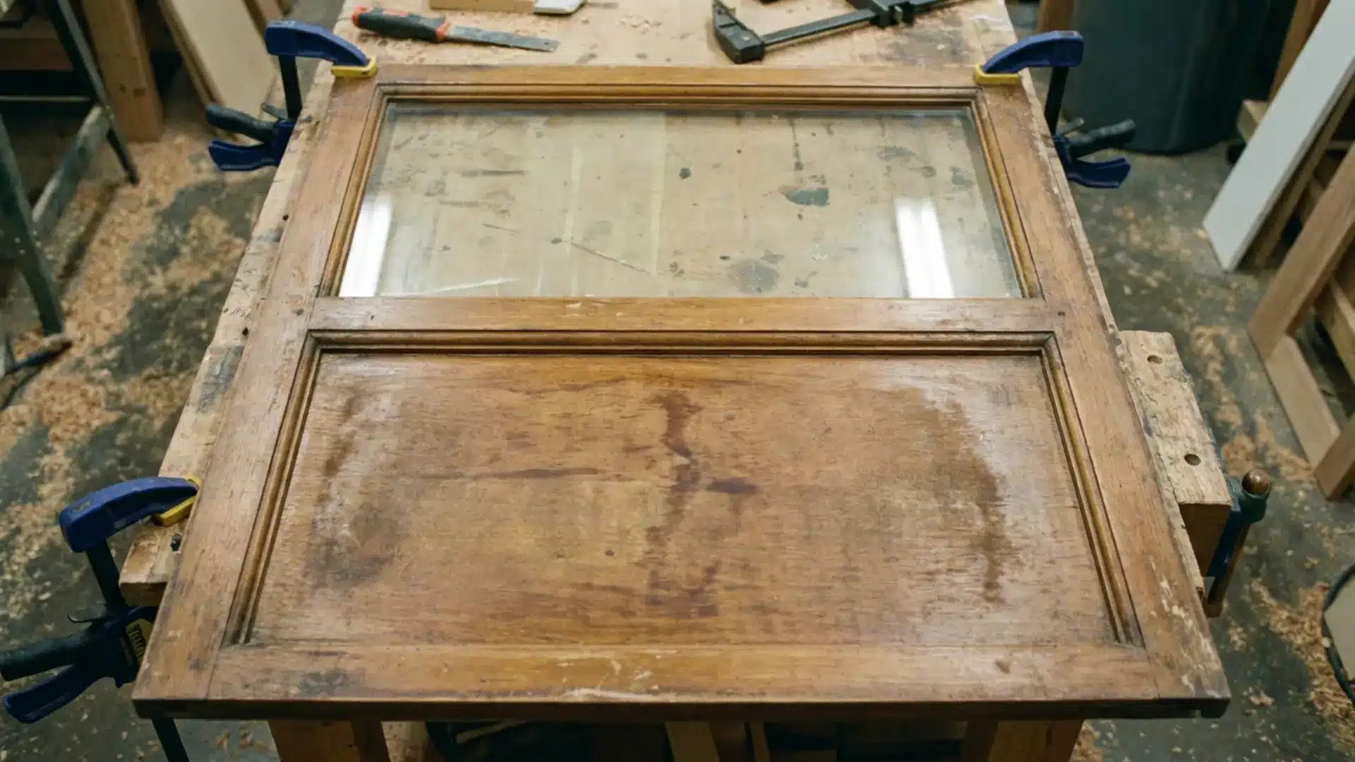 raised panel cabinet door laid flat showing wood frame and center panel construction