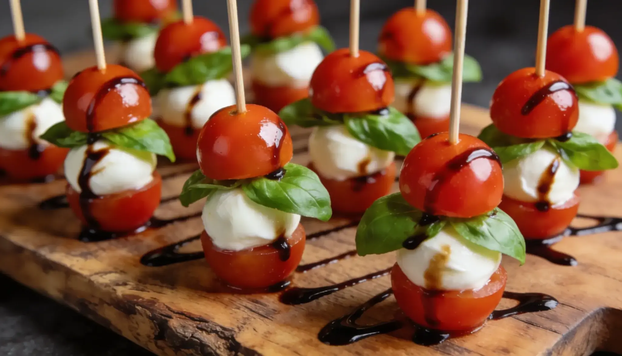 Caprese salad skewers with cherry tomatoes, mozzarella balls, basil, and balsamic glaze on a wooden board.
