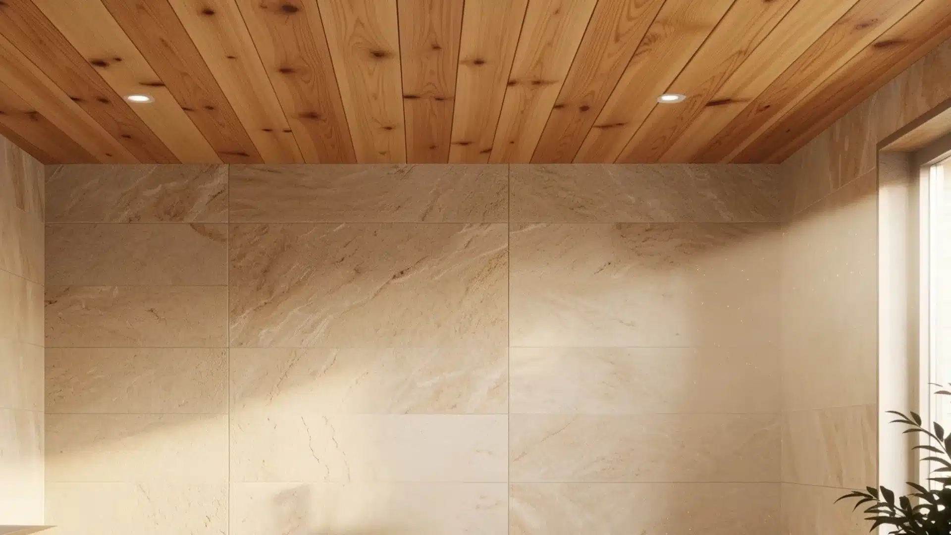 A bathroom featuring a wooden ceiling and a window, providing natural light and a warm atmosphere.