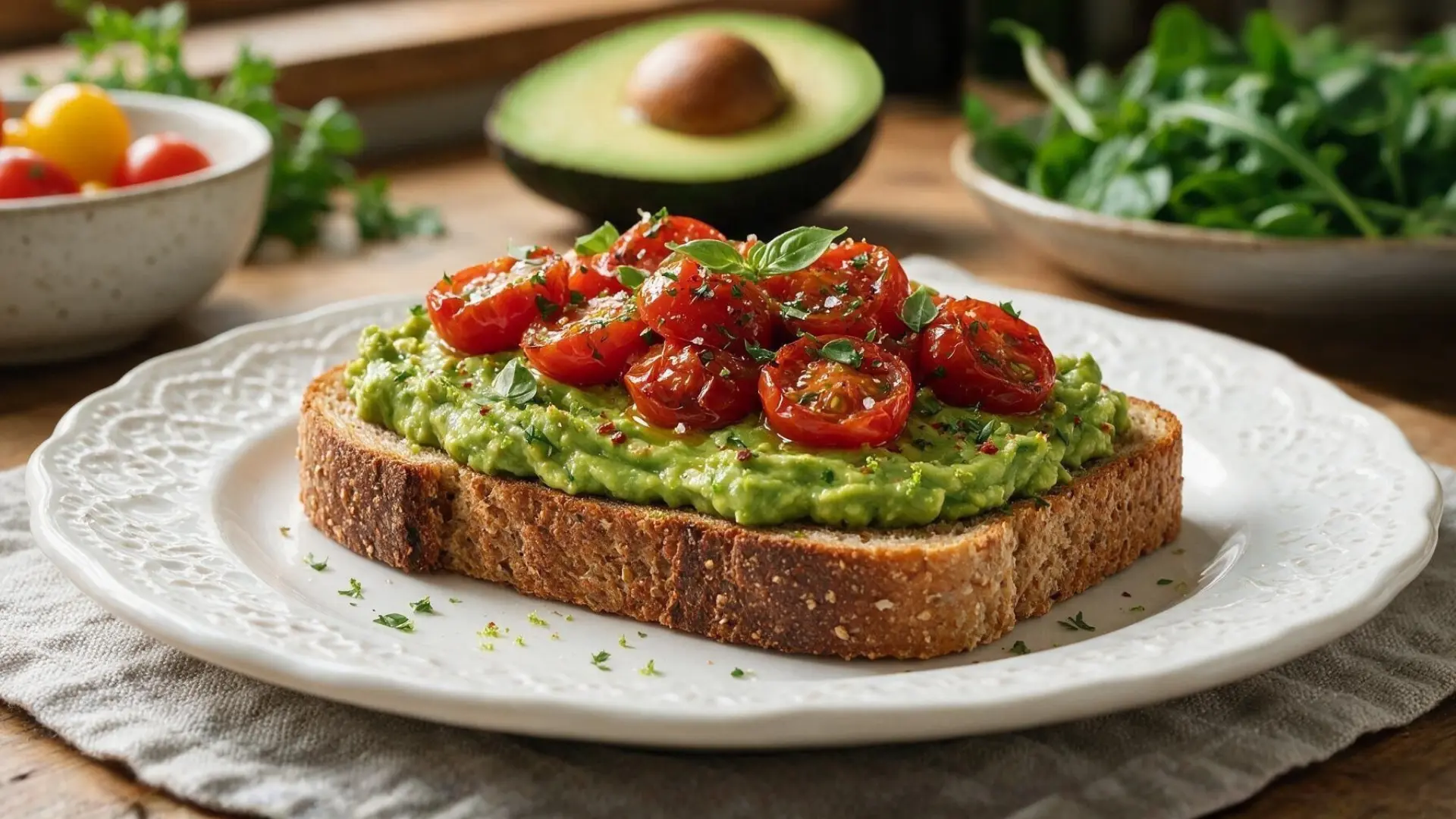 Fresh avocado toast topped with roasted cherry tomatoes and herbs on rustic bread served on a white ceramic plate