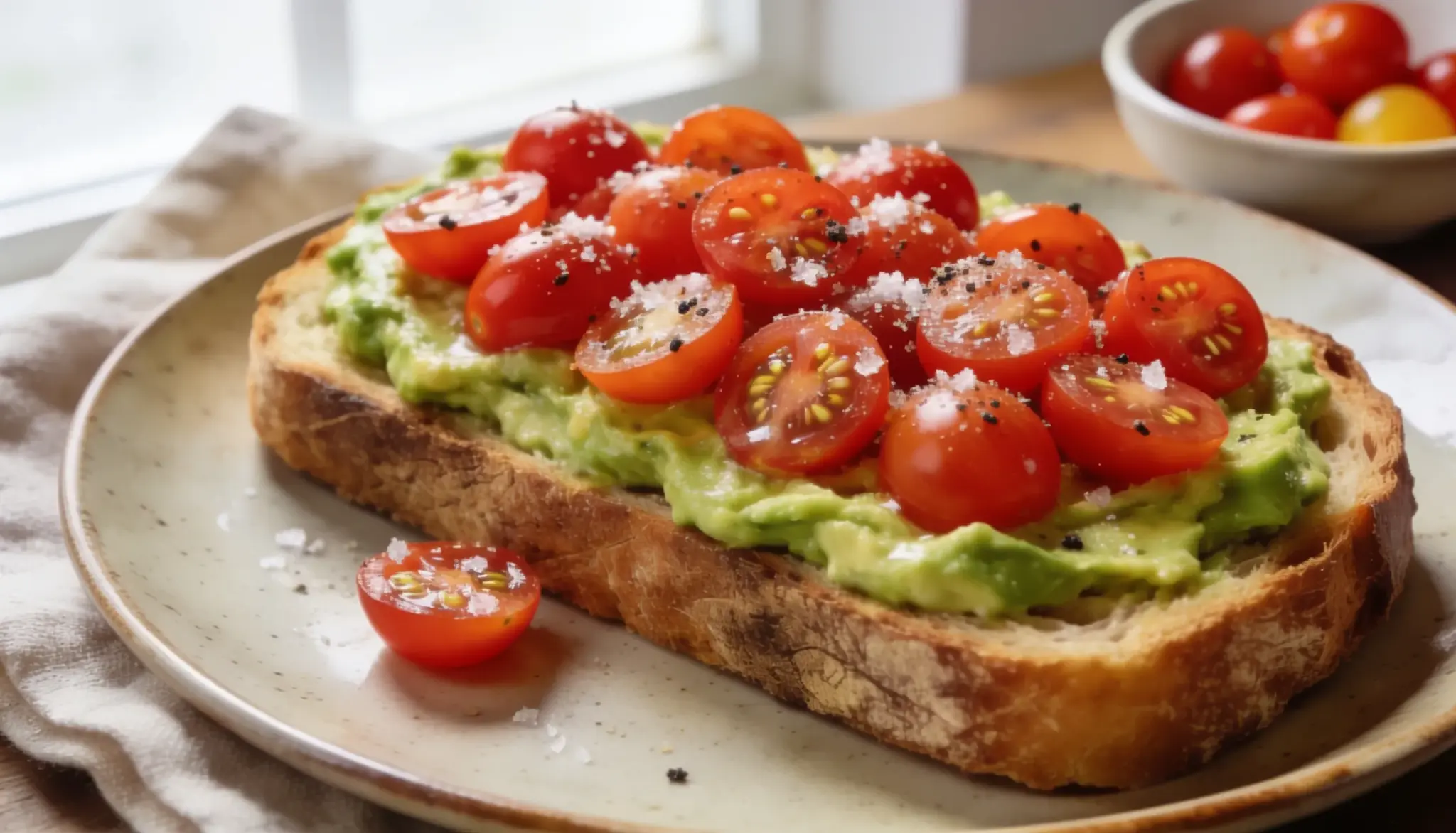 Avocado toast topped with sliced cherry tomatoes and sprinkled with salt and pepper.
