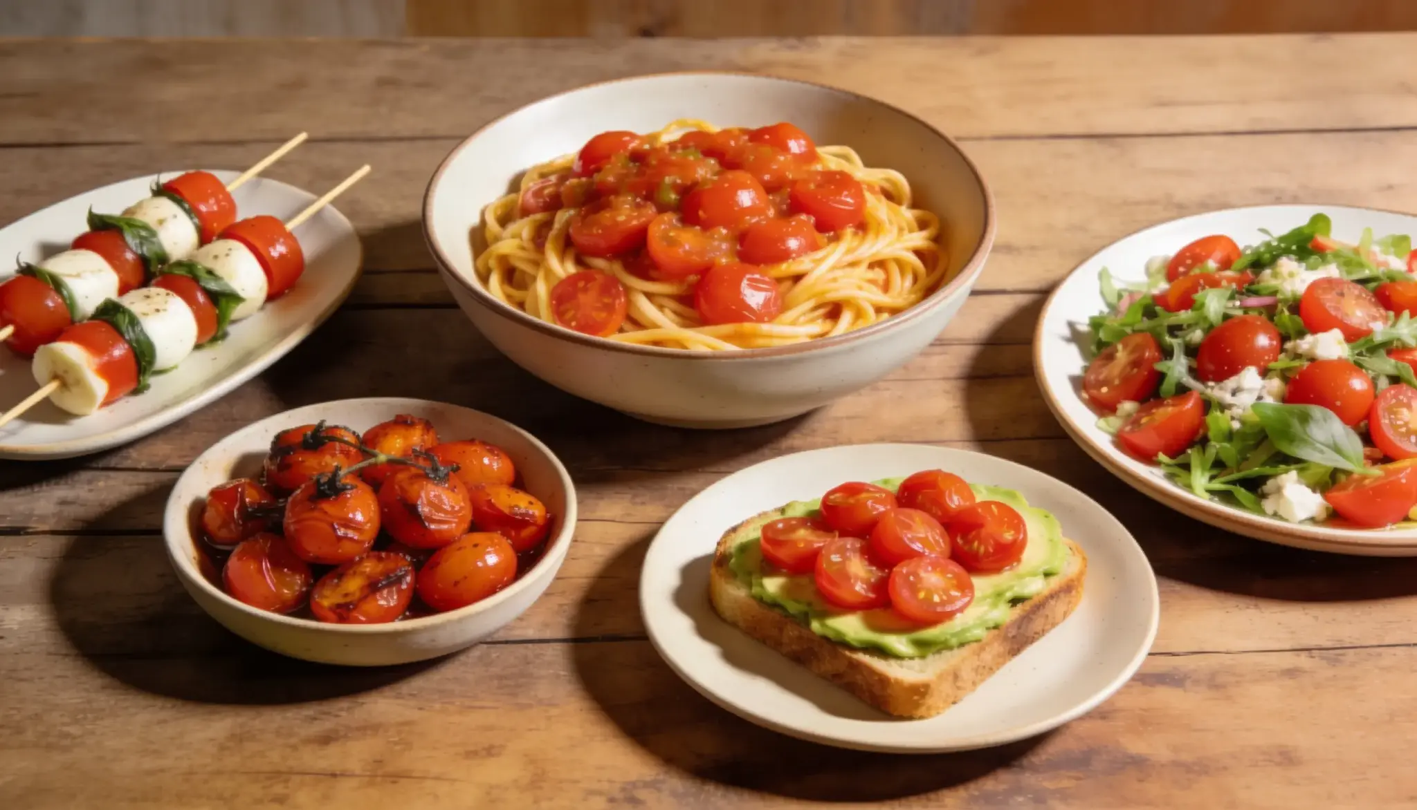A delicious assortment of cherry tomato recipes, including pasta, Caprese skewers, roasted tomatoes, avocado toast, and a fresh salad, arranged on a rustic wooden table. A colorful collection of easy, homemade meals showcasing the versatility of cherry tomatoes.