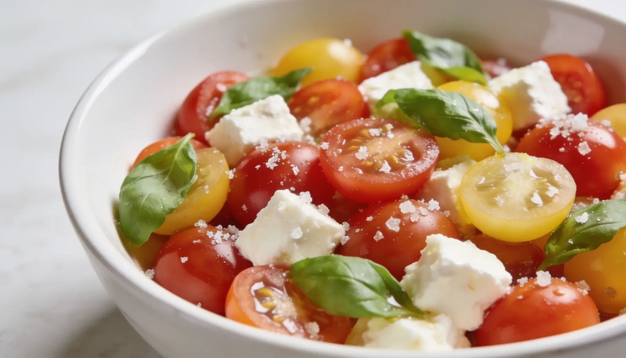 A white bowl filled with a colorful salad of halved cherry tomatoes, cubes of feta cheese, and fresh basil leaves, sprinkled with coarse salt.