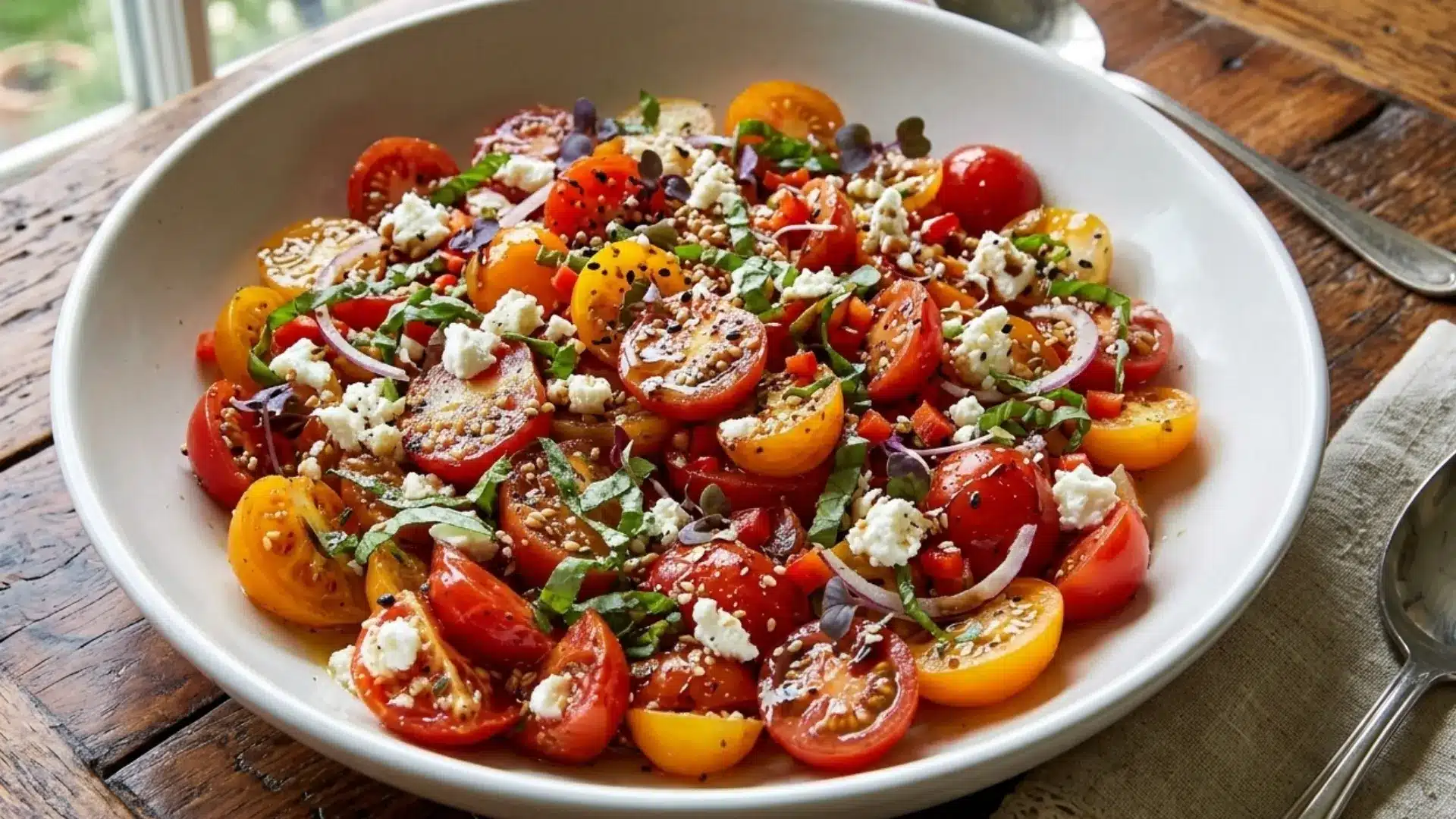 A white bowl filled with a colorful cherry tomato salad, topped with feta cheese, herbs, and seeds, rests on a wooden table.