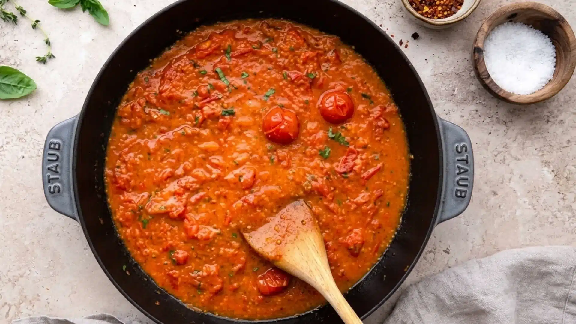 A wooden spoon stirs a chunky tomato sauce with whole cherry tomatoes in a Staub skillet, with garnishes of salt and chili flakes nearby.