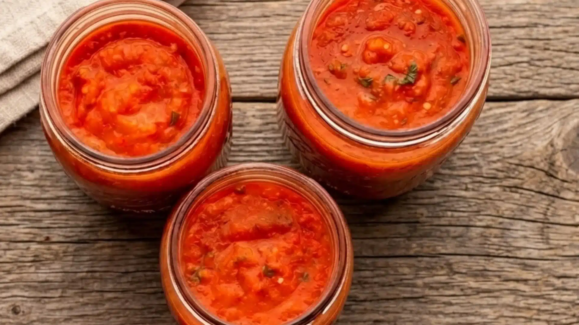 Three glass jars filled with vibrant red tomato sauce sit on a rustic wooden surface.