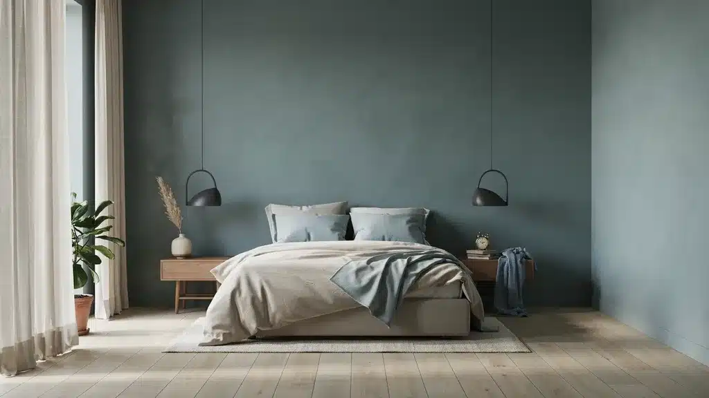 Minimal modern bedroom with muted blue-green feature wall, soft bedding, warm wood furniture, and calm natural light.