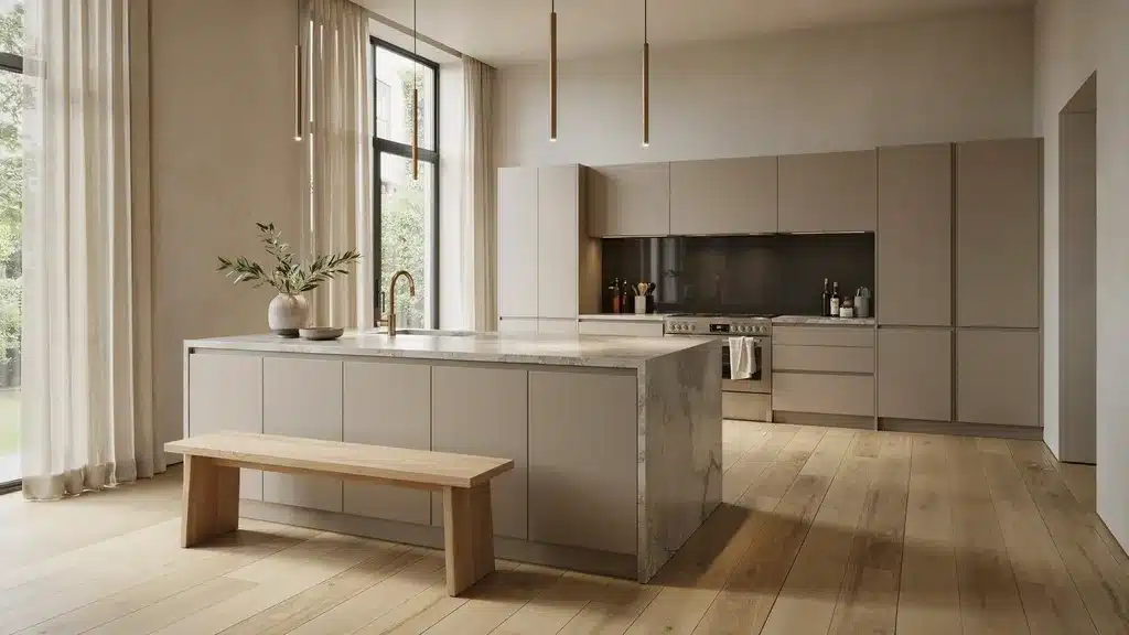 Modern minimalist kitchen with beige cabinetry, stone island, wood bench seating, and large window with warm natural light.