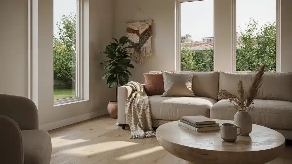 Bright modern living room with beige sofa, large windows, warm neutral walls, plants, and wooden coffee table in natural light.