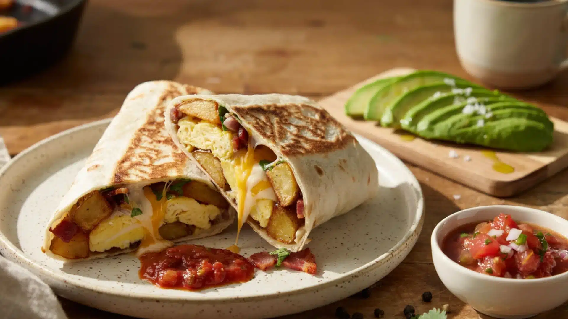 A breakfast burrito filled with scrambled eggs, potatoes, and cheese, served with salsa and sliced avocado.