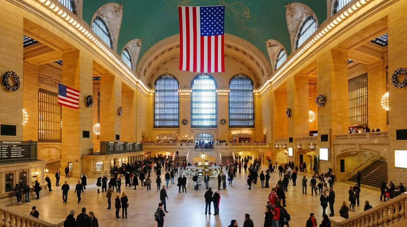 Grand Central Station in New York, showcasing its architecture with travelers and commuters.