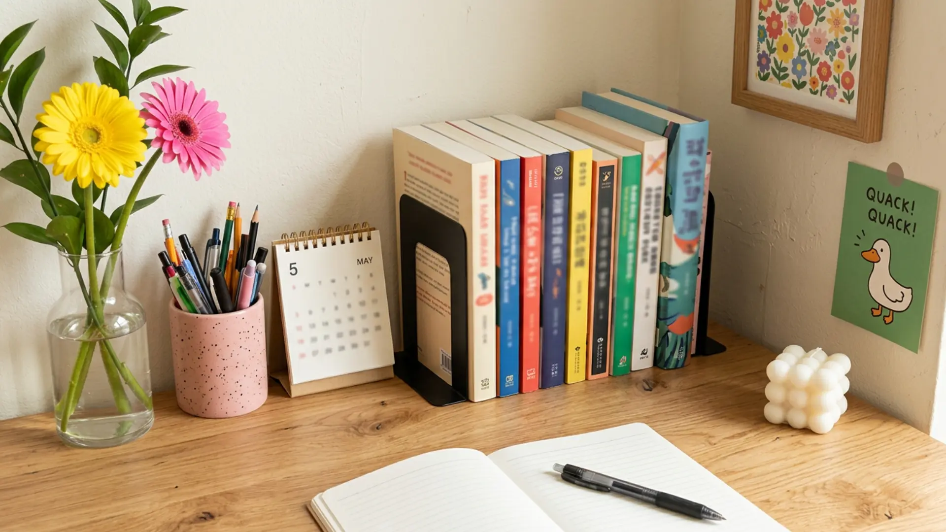 pink speckled pen holder flowers in a glass vase black bookend with books and open notebook on a desk