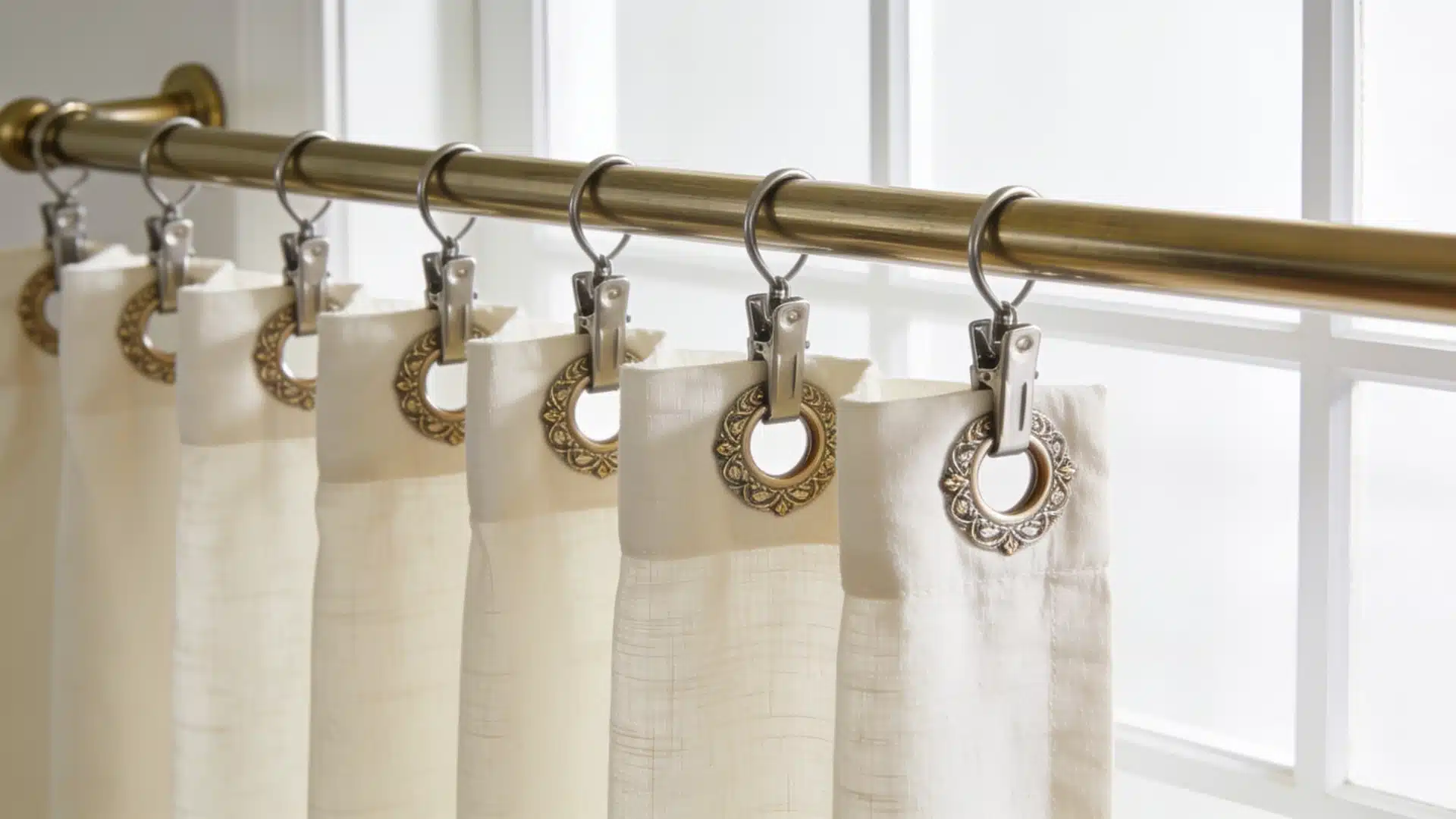 Clip ring curtains with metal clips attached evenly along the curtain top and hanging from a rod