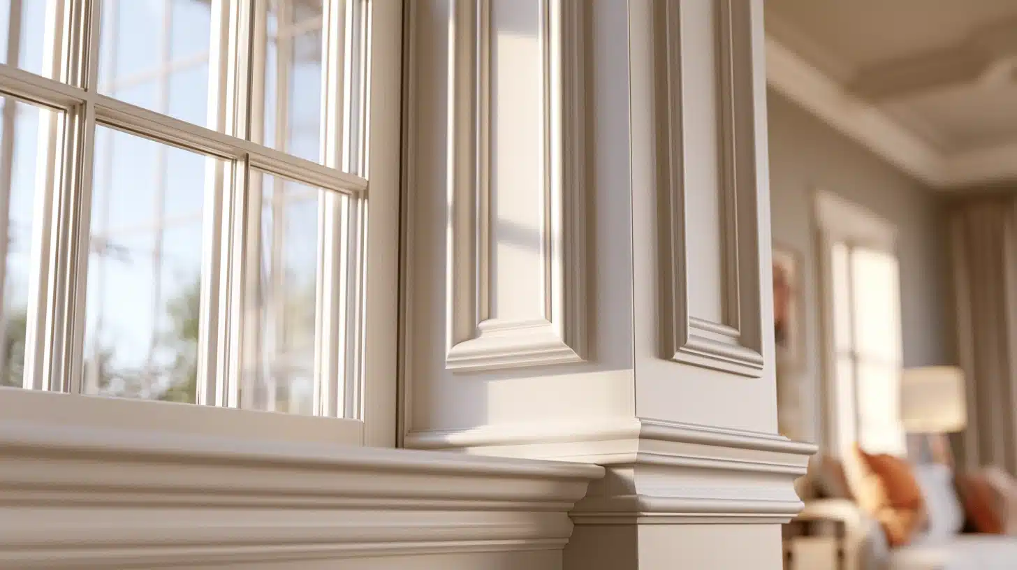 Close-up of a window with traditional colonial casing with ogee-profile molding and curved decorative trim details.