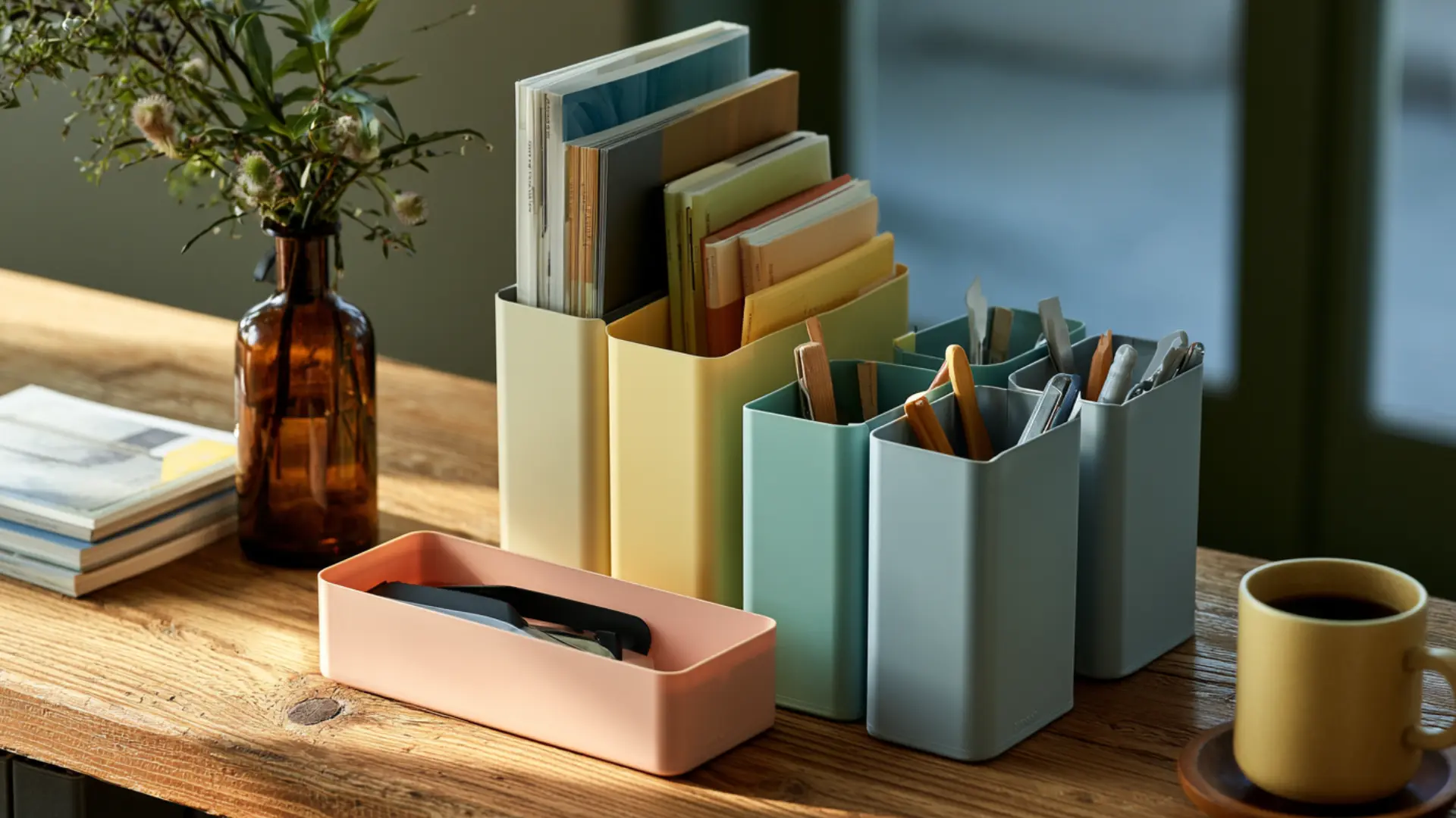 pastel colored desk organizers pen holders and a document tray on a wooden office desk