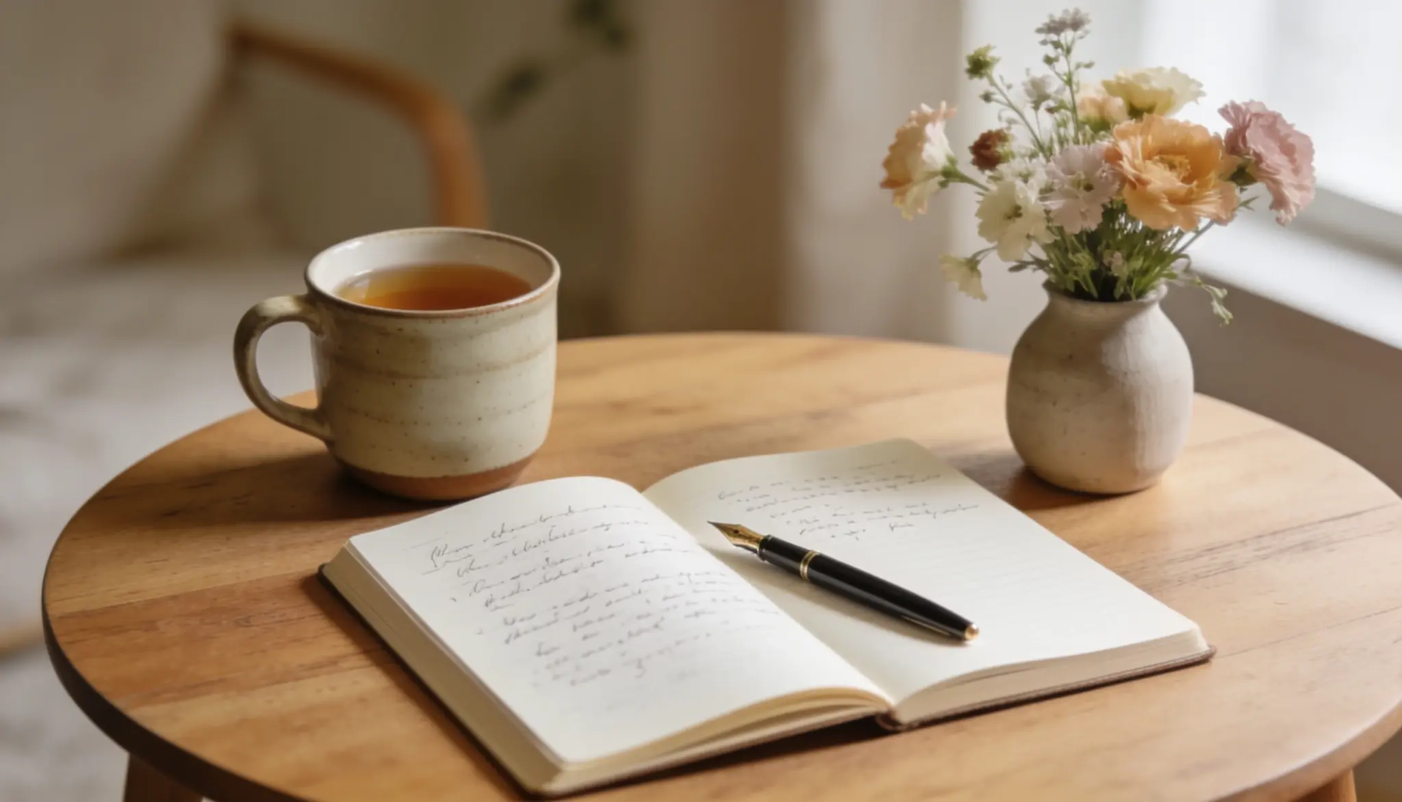 slow living shown through a journal, tea and fresh flowers