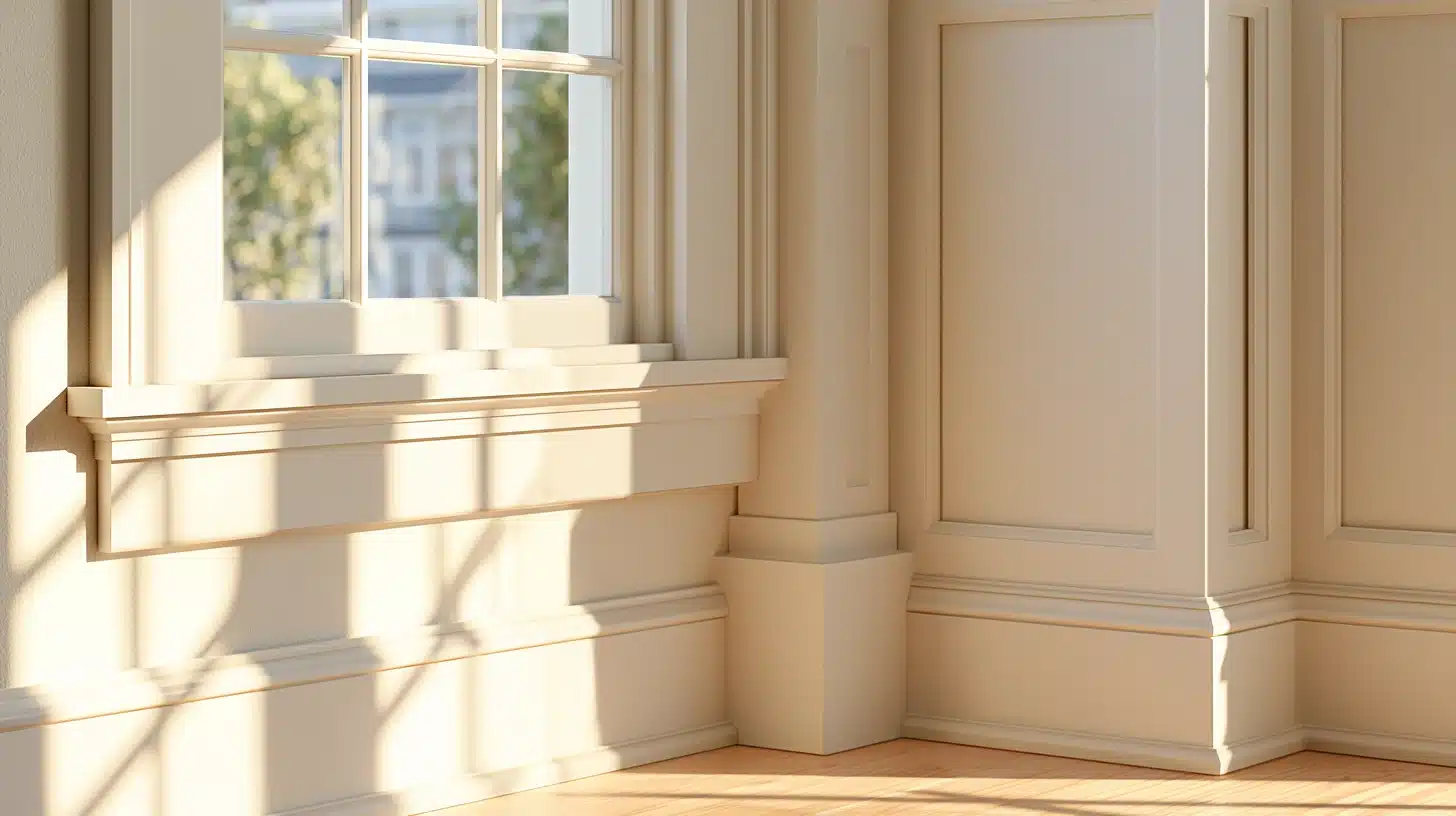 Craftsman-style window casing with flat white trim, a subtle back band, and a square plinth block where the casing meets the baseboard.