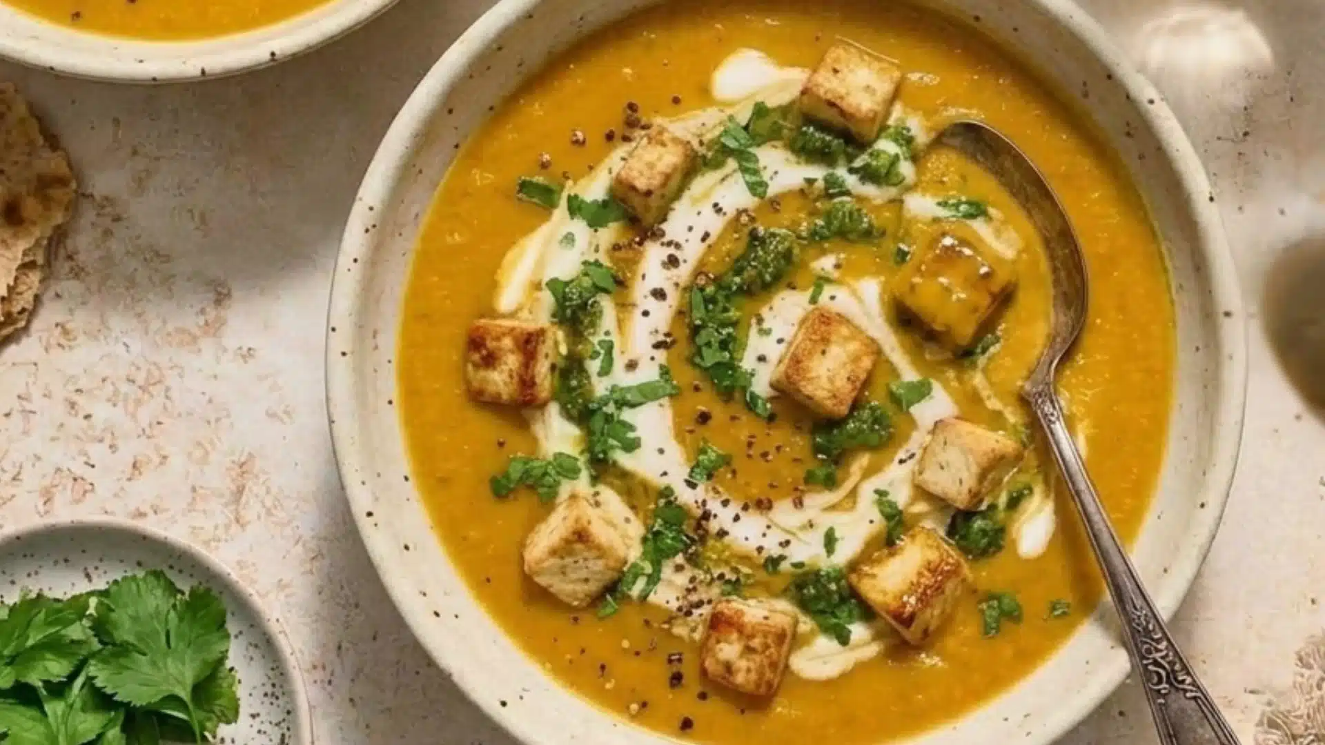 A variety of steaming bowls of vegan soups, showcasing colorful vegetables and herbs, perfect for winter warmth.
