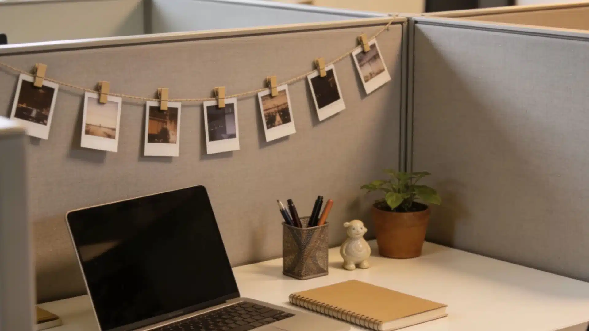 A minimalist office cubicle with a laptop, notebook, potted plant, and photos clipped to the cubicle wall.