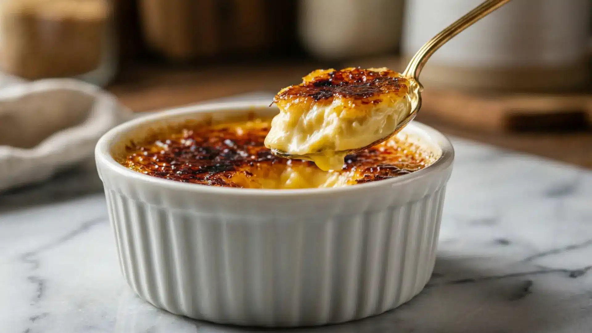 classic creme brulee with caramelized sugar top in a white ramekin