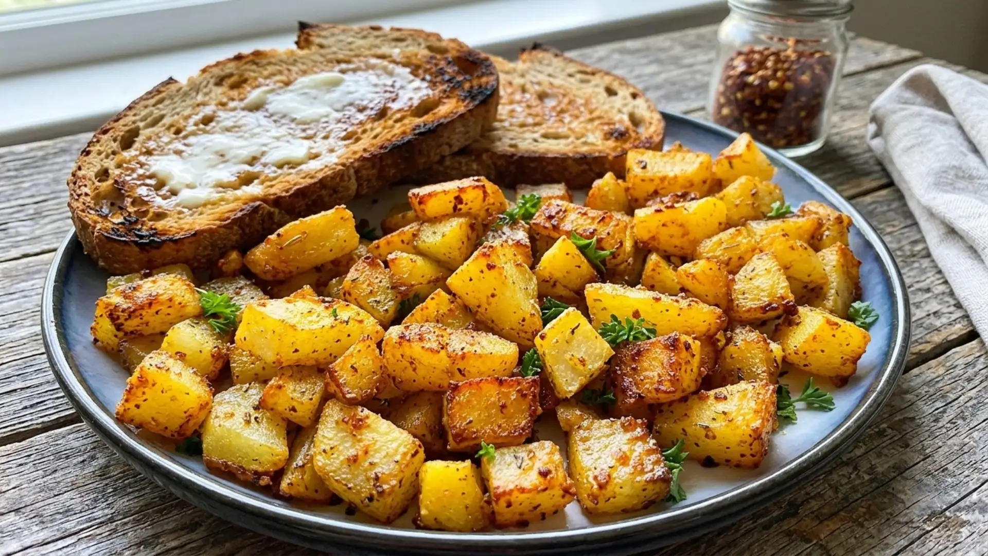 A plate of seasoned roasted potato cubes and buttered toast sits on a wooden surface next to a jar of red pepper flakes.