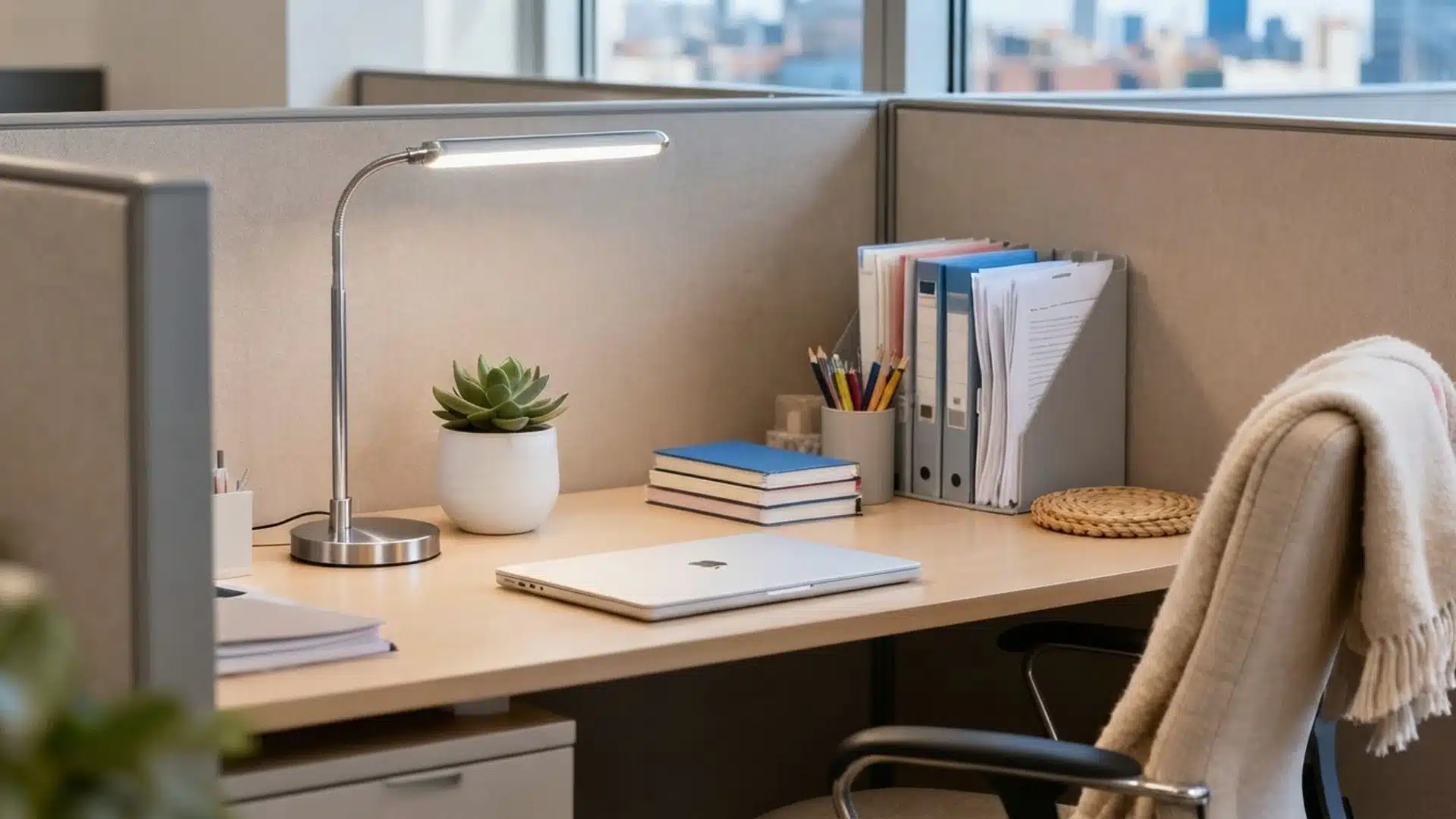 A neatly decorated office cubicle featuring a gooseneck desk lamp a small succulent plant stacked notebooks a file organizer and a cozy knit throw.
