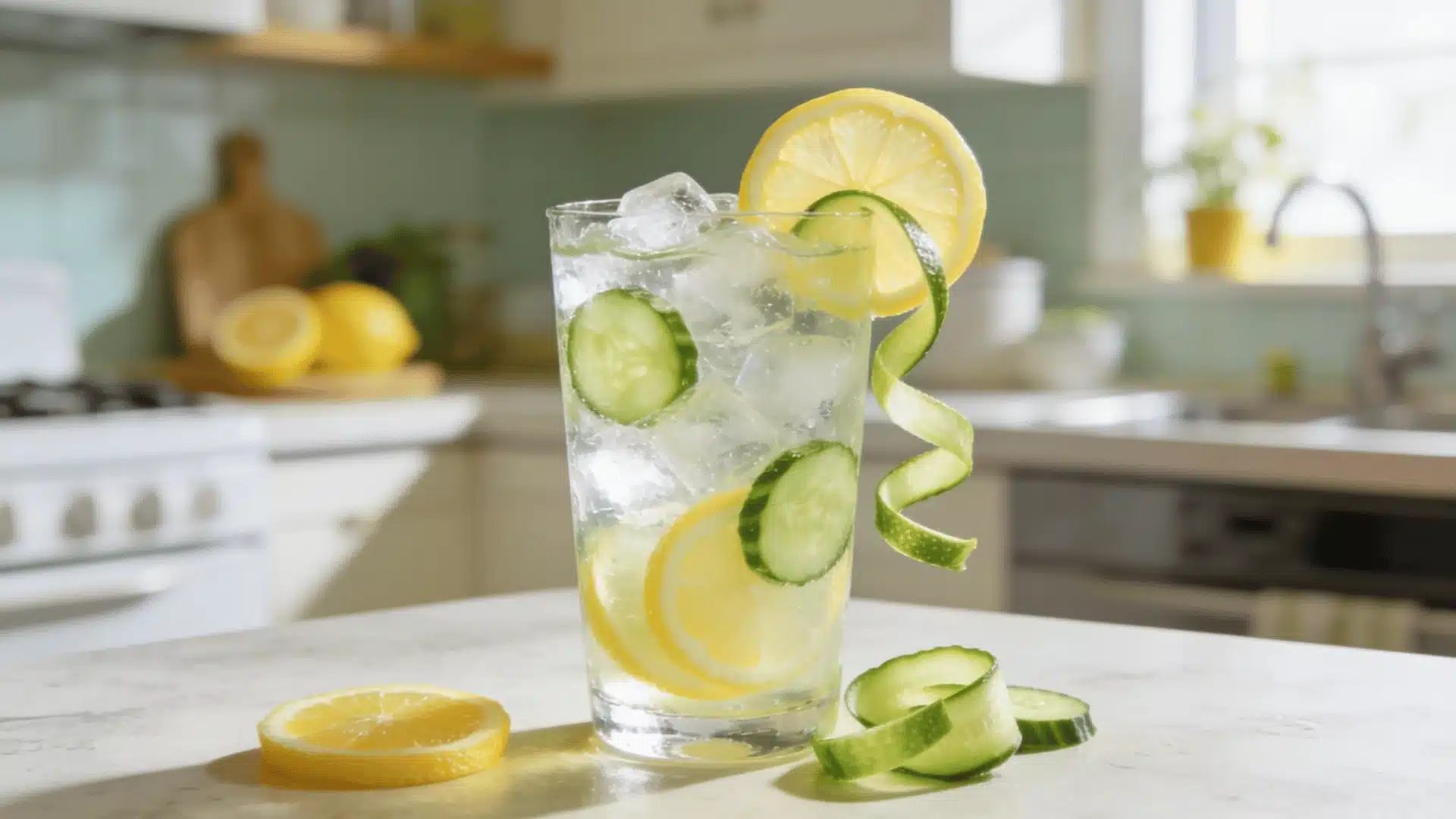 Fresh cucumber lemon drink with ice, lemon slices, and cucumber rounds in a bright kitchen